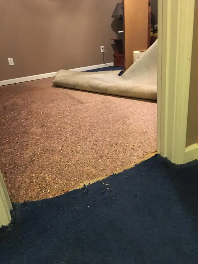 Carpet pad removal revealing water damage during Drying & Dehumidification in Perryville